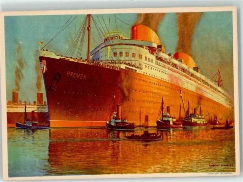 Bremen Norddeutscher Lloyd Bremen Vierschrauben Turbinen Schnelldampfer Europa Schleppschiff sign. Robert Schmidt