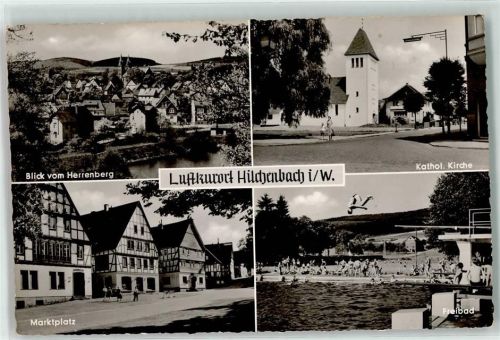 57271 W5912 Hilchenbach , Siegerland - Blick vom Herrenberg Kath. Kirche Marktplatz Freibad