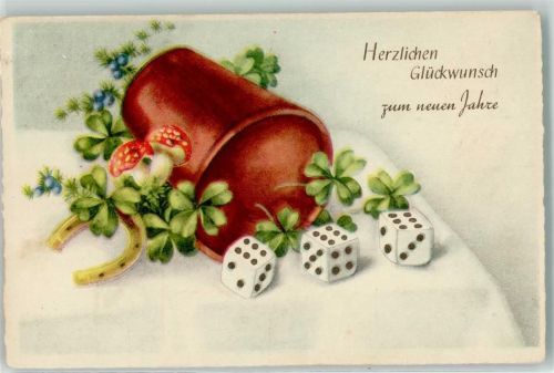 Pilze Hufeisen Vierblättriger Klee Neujahr Glückwunsch Stempel WK II