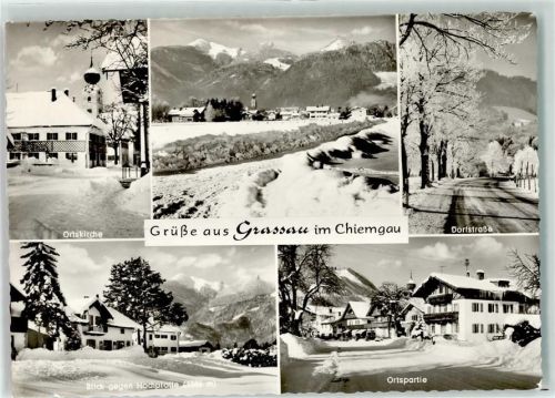 Grassau Winter Dorfstraße Ortskirche Blick gegen Hochplatte
