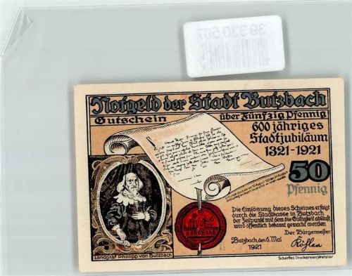 Butzbach 1921 Notgeld der Stadt Butzbach Gutschein über 50 Pfennig 600 jähriges Stadtjubiläum Marktplatz Nr. A 5124