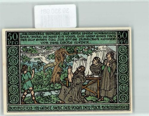 Ohrdruf Notgeld 50 Pfennig Bonifacius Vogel Fisch Säule Engel Waage Schwert Wappen