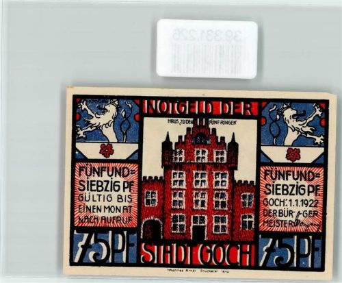 Goch Notgeld 75 Pfennig Haus zu den fünf Ringen Löwe Blumen Barbaren