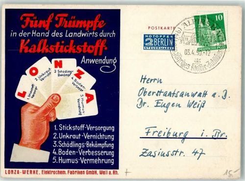 Kalkstickstoff Lonza Werke 5 Trümpfe Karten Notopfer Marke Düngerwerbung