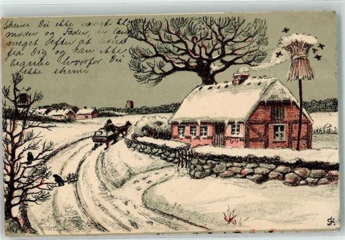 Ottensee Haus Winter Pferdeschlitten Schnee sign. Ort lt. Stempel