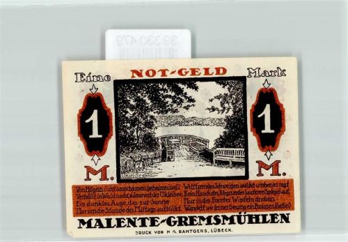 Malente 1920 Notgeld 1 Mark Voss, Luise Gremsmühlen