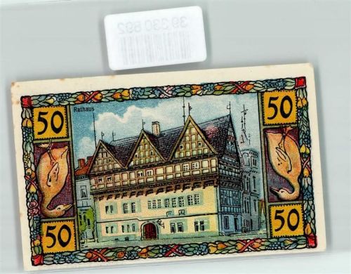 Blomberg Notgeld 50 Pfennig Rathaus Gänse Wappen Türme Blume