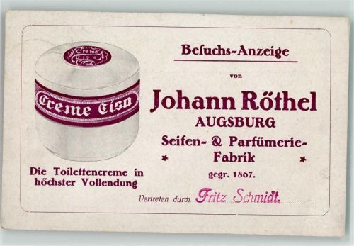 Augsburg Besuchs-Anzeige Johann Röthel Creme Cisa Toilettencreme