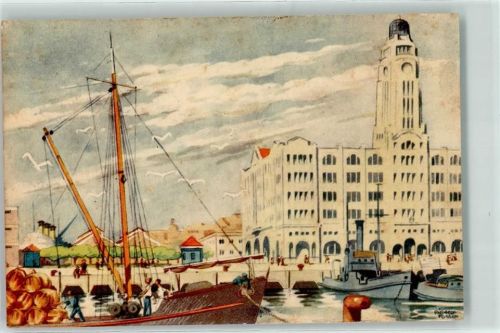 Montevideo La Aduana Schiff Fässer Mast Seemann Turm Möwen sign. Künstlerkarte