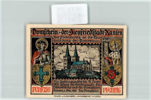 Xanten Notgeld 50 Pfennig Siegfriedstadt Wappen Kreuz Kirche Dom Pferd Reiter Vogel