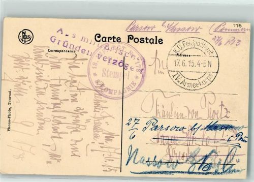 1915 K. D. Feldpostamt IV. Armeekorps 18. Inf. Rgt. Nr 178 5. Kompagnie Aus militärischen Gründen verzögert