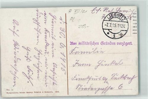 Liegnitz 1915 Stempel Aus militärischen Gründen verzögert Krakow Wawel Königsschloss Nr 11