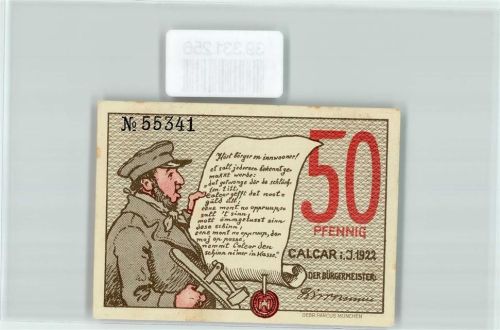 Kalkar Notgeld 50 Pfennig Windmühle Landwirtschaft Mann Mütze Schriftrolle