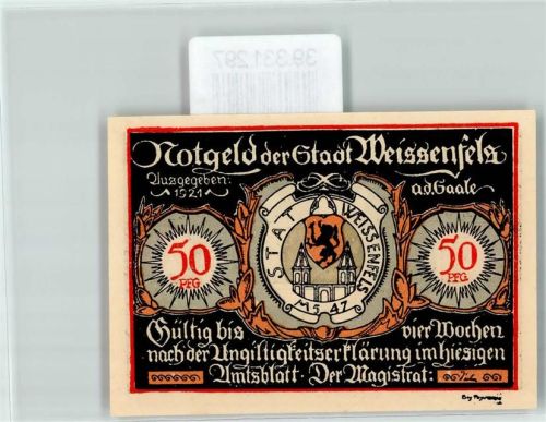 Weißenfels Notgeld 50 Pfennig Wappen Pferd Soldatenschuh Damenschuh Stadthaus