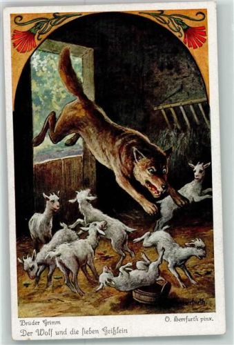 Brüder Grimm Wolf schnappt sich Geißlein sign.O.Herrfurth Alvachrom Nr.4518 Serie 265