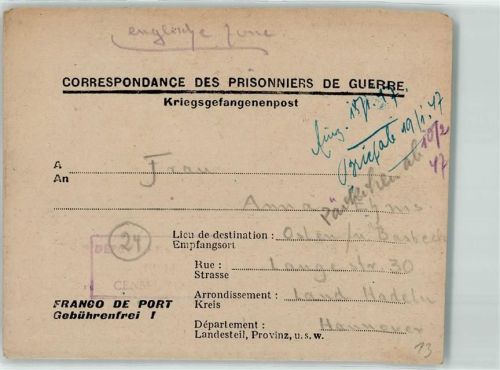 Dunkerque Kriegsgefangenenpost Ehms