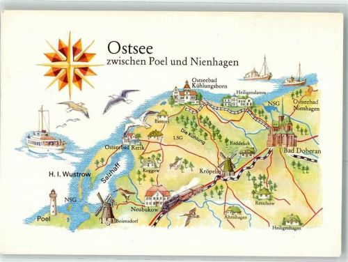 Insel Poel sign.Gratchen Ostsee Vogelschau Dampfer Windmühle