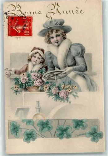 Bonne Annee Mutter und Kind Pelzmode Rosen Glücksklee - Verlag K.F. Editeurs Paris Serie 1972 Glückwunsch Auto 1908 Künstlerkarte