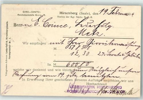 Hirschberg 1909 Lederfabrik Hirschberg Postkarte