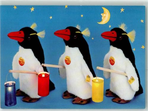 Pinguine mit Laternen auf AK