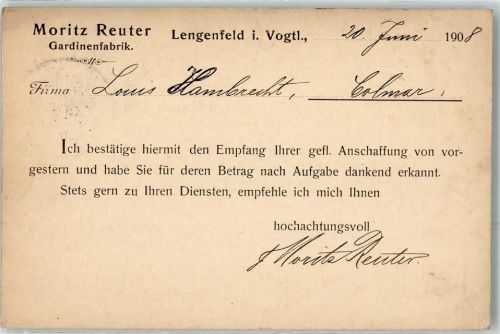 Lengenfeld 1908 Gardinenfabrik Noritz Reuter Postkarte Geschäftskorrespondenz