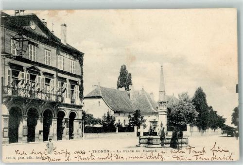 Thonon-les-Bains 1903 La Place du Marche Brunnen Uhr Laterne Mann Pferd