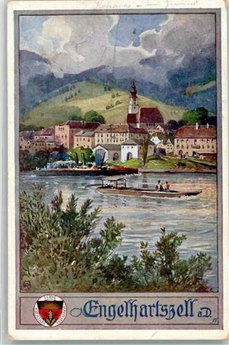 Engelhartszell 1908 mit Pfarrkirche Maria Himmelfahrt und Donauschifffahrt