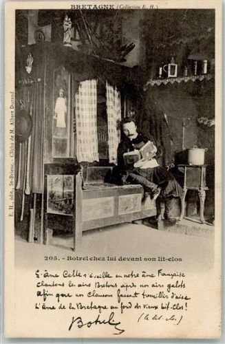 Saint-Brieuc Botrel chez lui devant son lit clos Bretagne Mann Buch Bett Topf Ort lt. Verlag