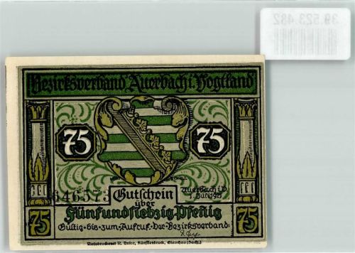 Auerbach 1921 Gutschein über 75 Pfennig Bezirksverband Scherenschnitt