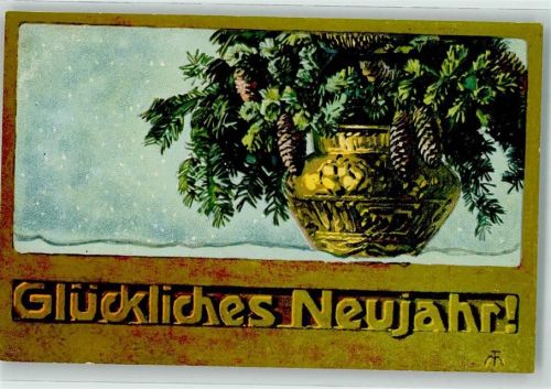 Neujahr Glückwunsch Nr 254 Vase mit Fichtenzweigen