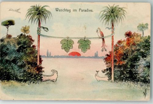 Waschtag im Paradies Papagei Schlange Humor