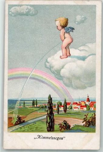 Himmelssegen Kleiner Engel läßt von einer Wolke Wasser auf die Erde nieder Regenbogen Künstlerkarte