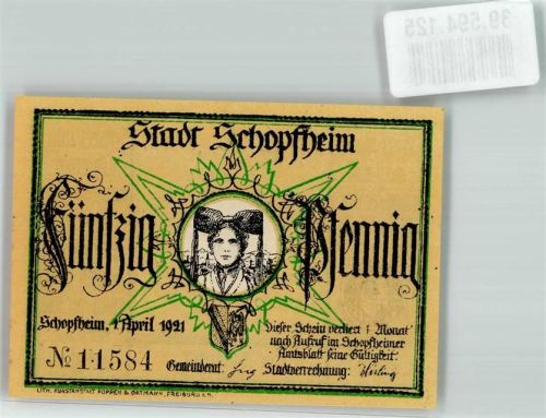 Schopfheim 1921 Schwarzwaldtracht 50 Pfennig Blashorn Wappen Der Wächterruf sign. J.P. Hebel