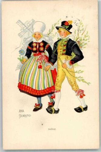 Schwedische Tracht Windmühle Skane Holzschuhe Künstlerkarte