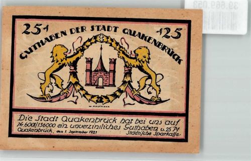 Quakenbrück 1921 25 Pf. Guthaben der Stadt Hohe Pforte