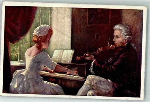 Wiener Kunst Serie 910/3 Mozart mit Geige und Frau am Klavier sign. Ulreich