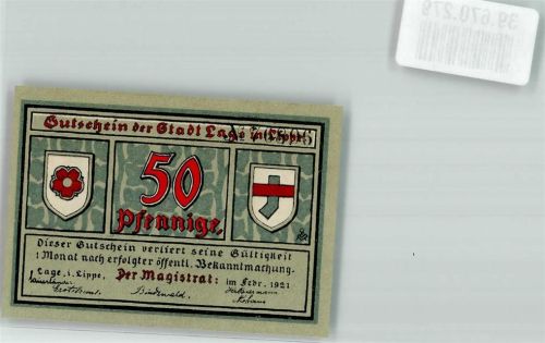 Lage Gutschein 50 Pfennige Wappen 1921 Kirche Notgeld
