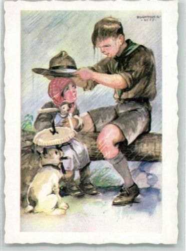 sign. Martom 1938 Kind mit Puppen im Regen, Pfadfinder hilft