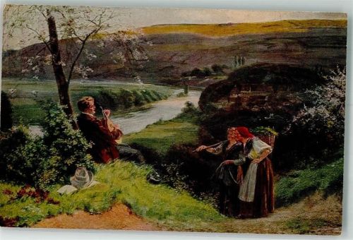 Nr. 535 sign. Schultheiß An der Weser Mann erfreut die Bäuerinnen mit einem Spiel auf der Laute Verlag Gustav Liersch