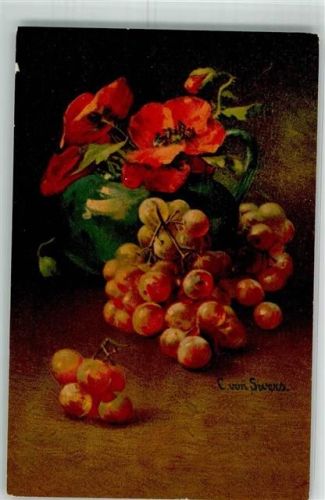 1917 Wenau-Pastell No. 691 Stilleben mit Weintrauben und Mohnblume