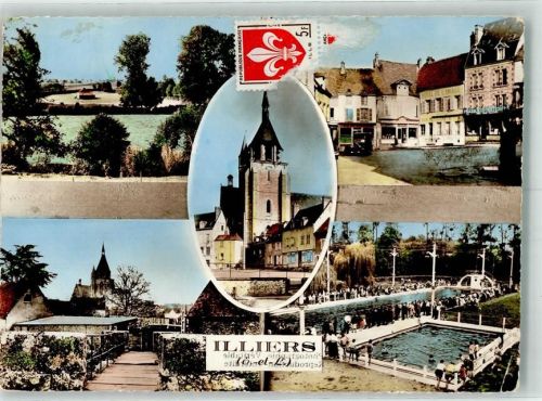 Illiers-Combray Fliegeraufnahme Schwimmbad Kirche Briefmarke Bildseite