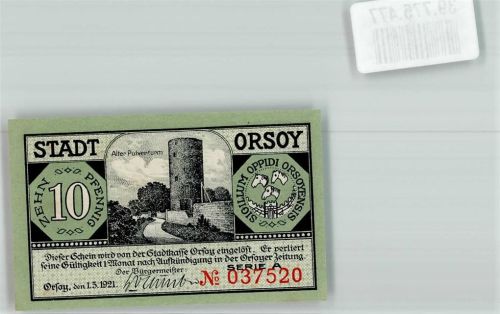 Orsoy 1921 10 Pfennig Serie A No. 037520 Alter Pulverturm