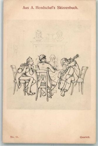 Aus A. Hendschels Skizzenbuch No. 11 Quartett Musikanten mit Flöte Kontrabass und Geige bei der Hausmusik Verlag Martin Rommel & Co.