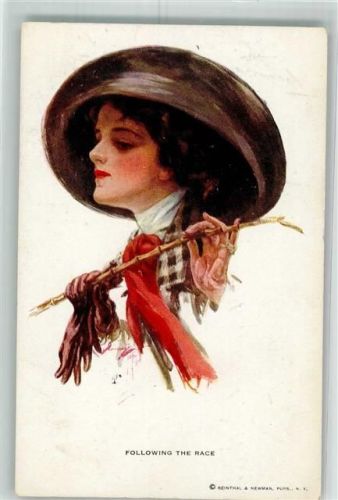 1912 No. 184 Elegante Frau mit Handschuhen rotem Schal und Hutmode Following the Race