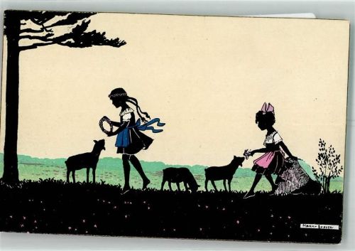 Schattenbild Zwei Mädchen in Tracht mit weidenden Schafen WSSB 5709
