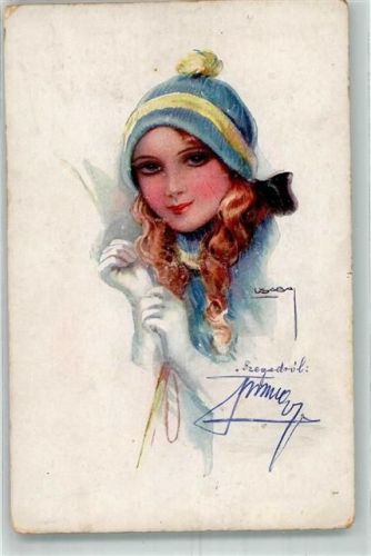 1916 Junge Frau mit Skimütze Erkal Nr. 343/4 Künstlerkarte