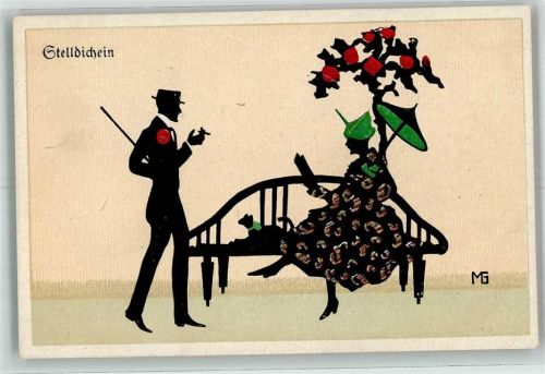 Silhouetten Stoff Scherenschnitt Frau Hund Paar Zigarette Stelldichein Nr.233