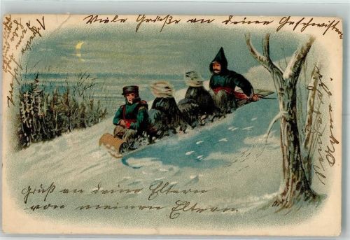 1908 Winter Schlitten Mondschein Lithographie