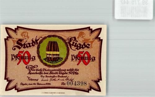 32676 W4927 Lügde 1921 Notgeldschein 50 Pfennig Nr. 004398 Stadtmauer