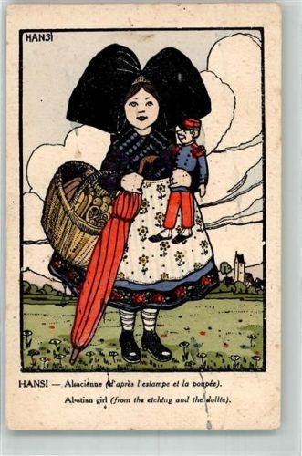 Tracht Elsässer Mädchen mit Puppe Künstlerkarte P.J.G. 30